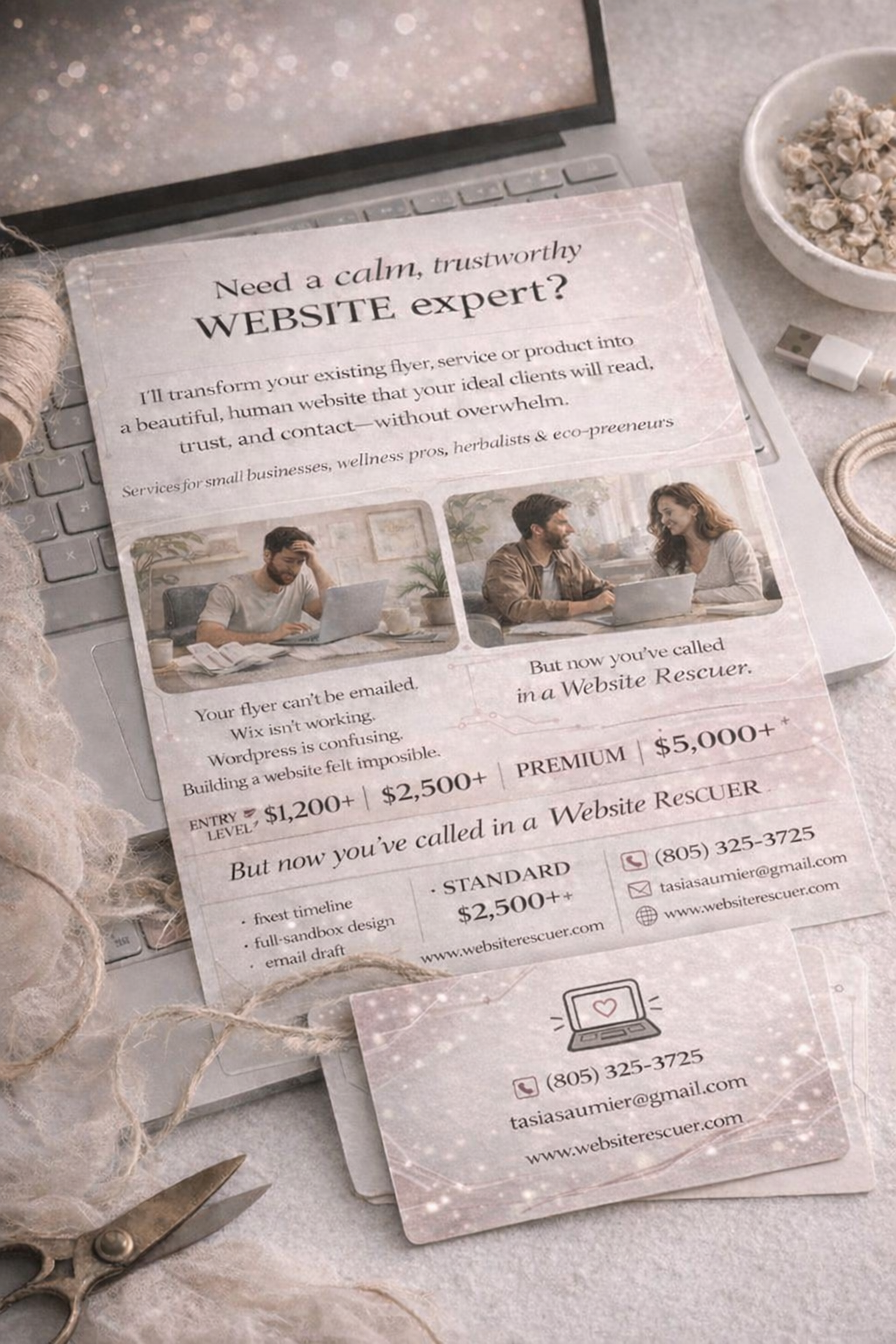 Website Rescuer flyer mockup on a laptop in a calm workspace setting